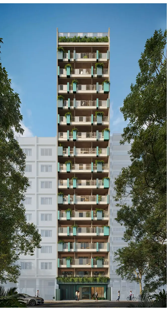 Fachada do Soul Rio Barão de Icaraí, torre de 17 pavimentos com varandas verdes no Flamengo