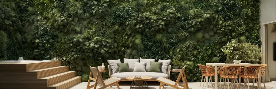 Área externa de studio garden do Soul Rio Barão de Icaraí com jardim vertical e mesa
