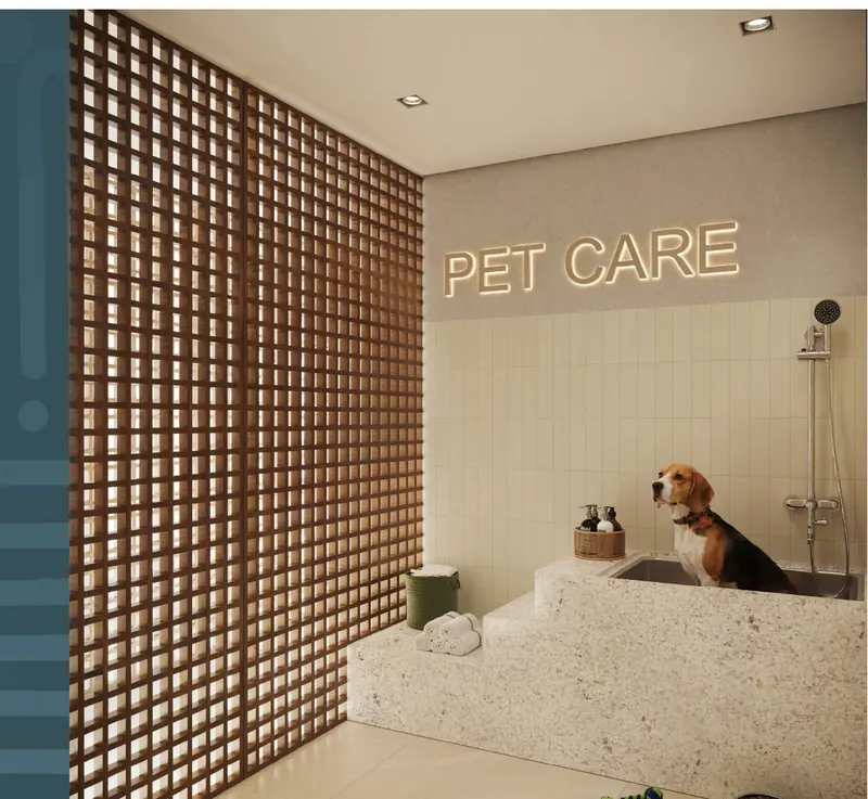 Pet care do Soul Rio Barão de Icaraí com painel vazado de madeira