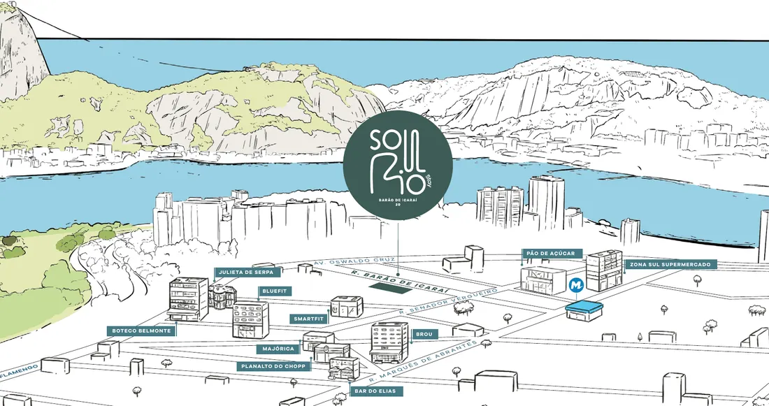 Mapa ilustrado da região do Soul Rio Barão de Icaraí, entre o Aterro do Flamengo e o Pão de Açúcar